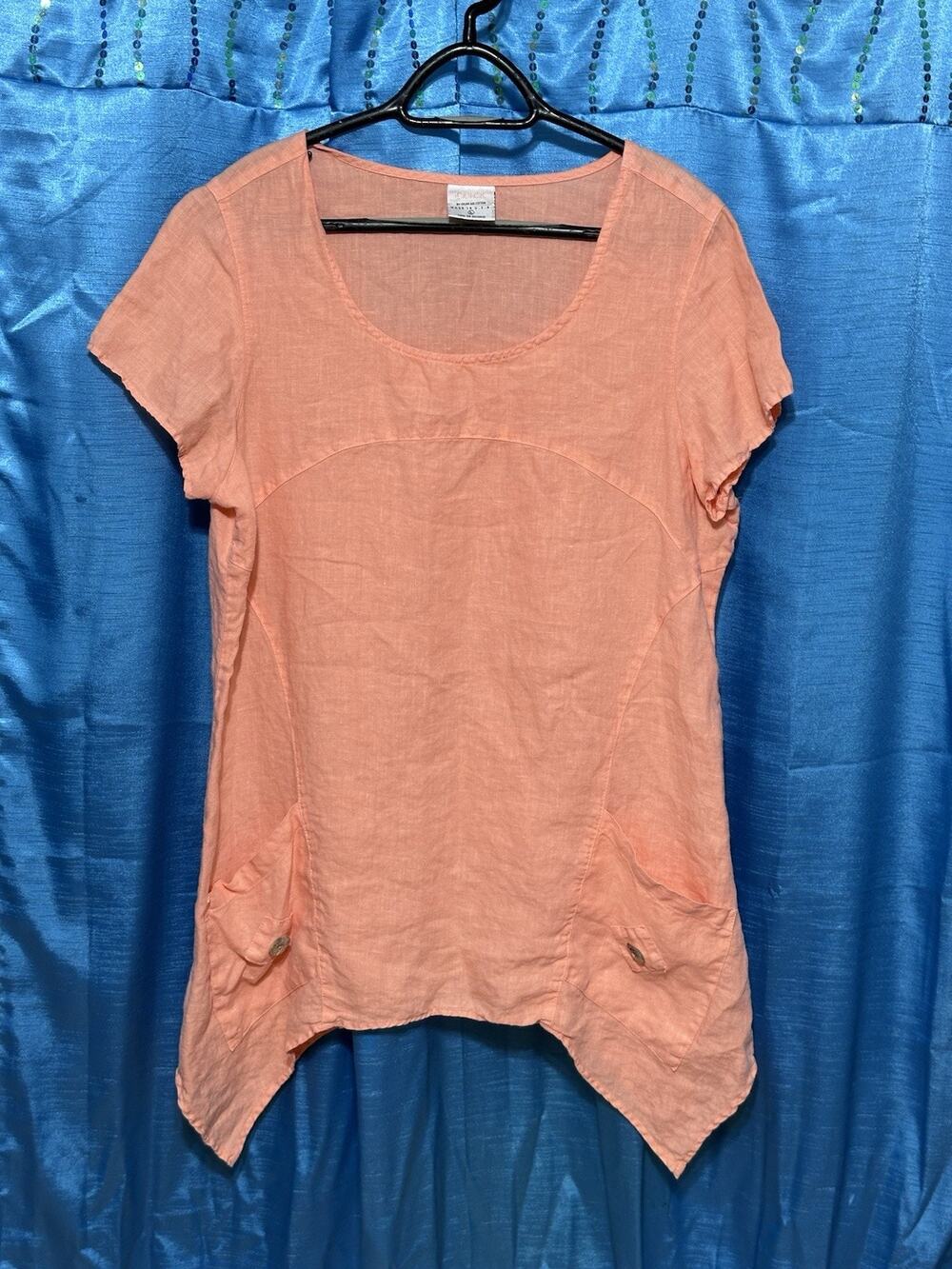 click color me cotton cmc 100% Linen Blouse Tunic Coral Peach Pockets SZ L